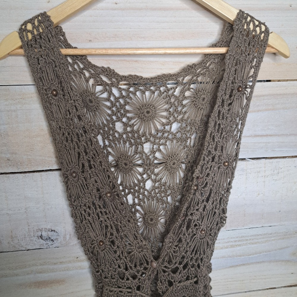 Cottagecore Vintage Inspired Crochet Duster Grannycore Brown/Grey Beaded O/S